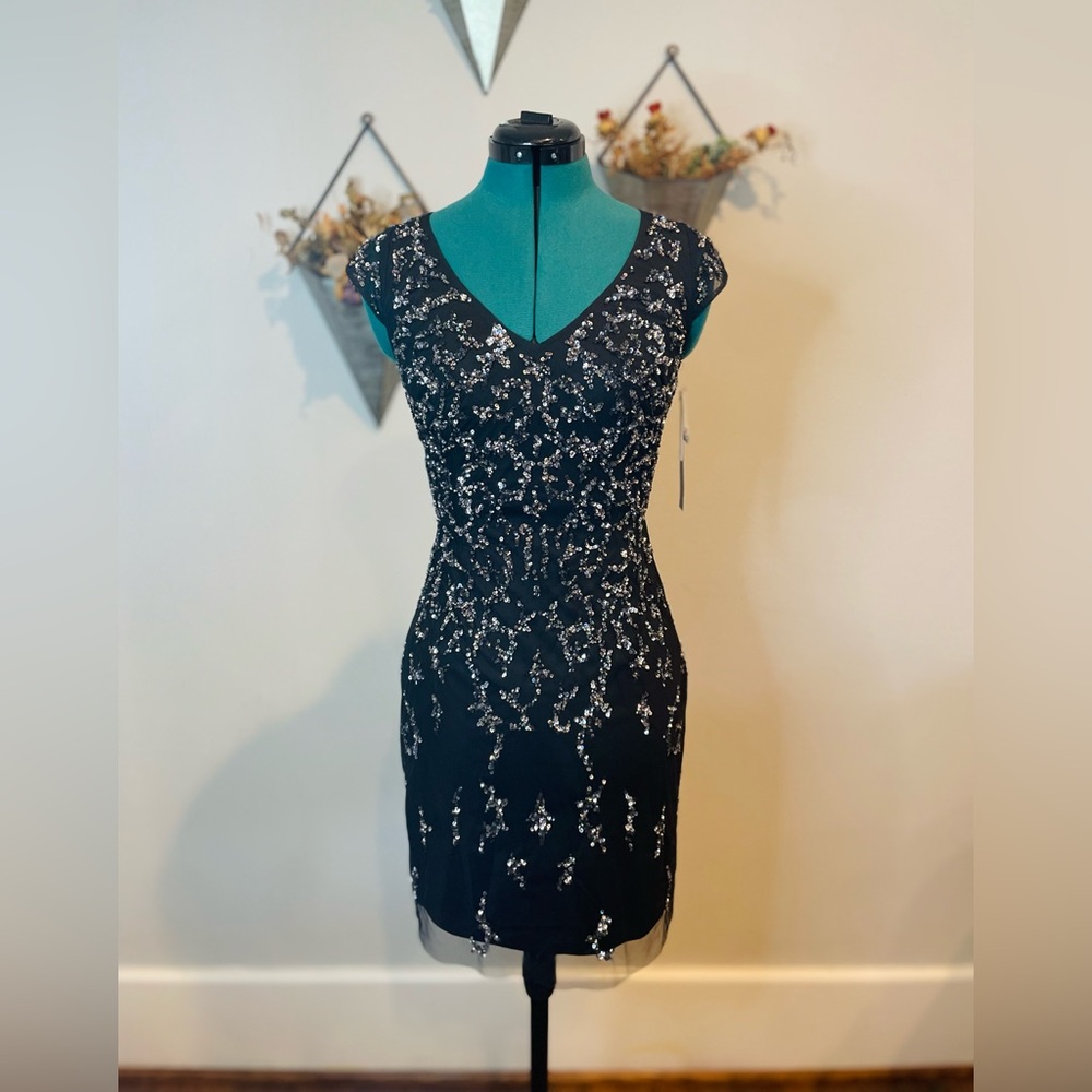 NWT Aidan Mattox Black Mini Dress with Silver Beading